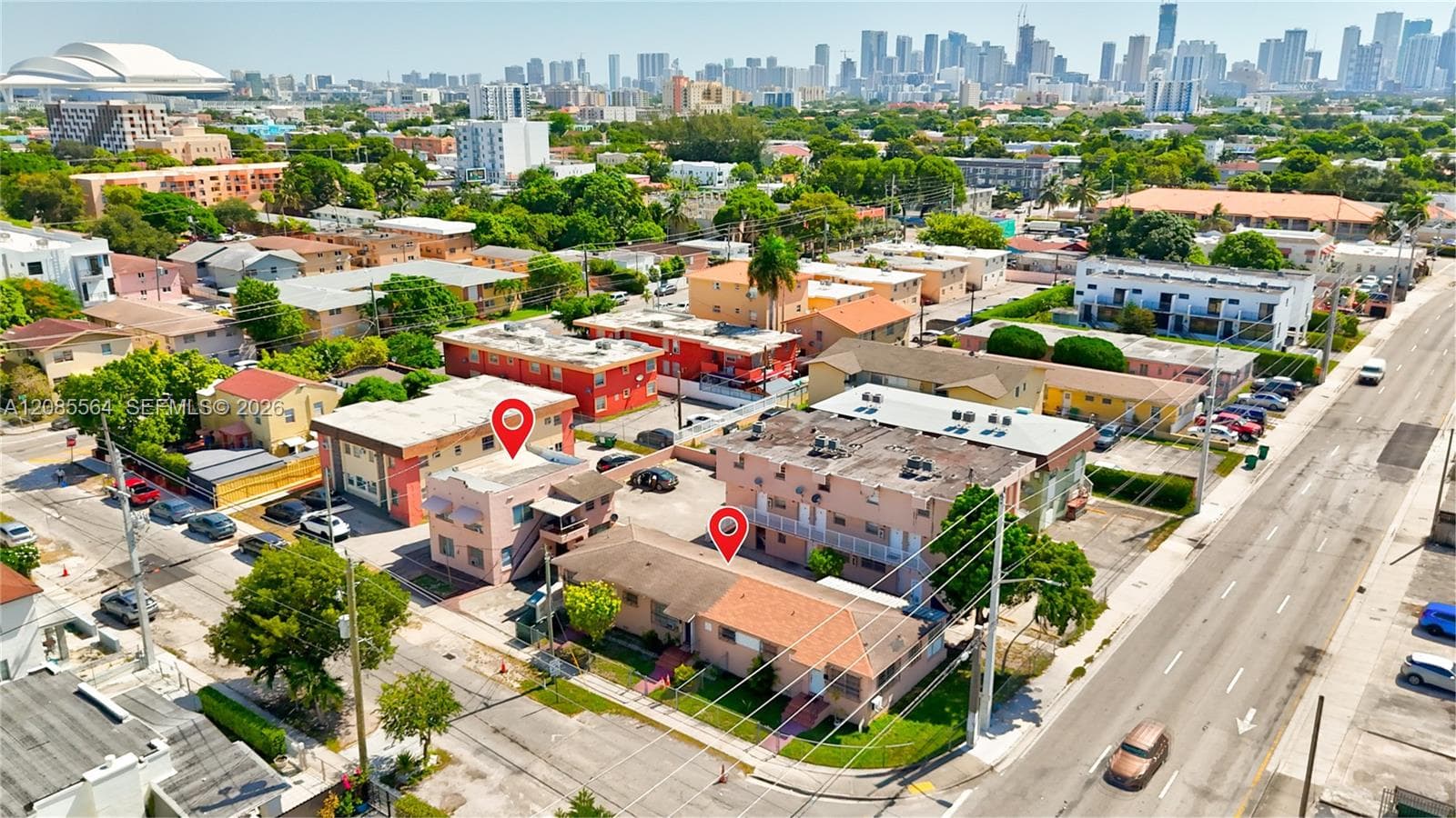 Excellent corner lot located 1 block from 8 street, with close proximity to Brickell, downtown and baseball stadium loanDepot Park seen on left (previously known as Marlins stadium)