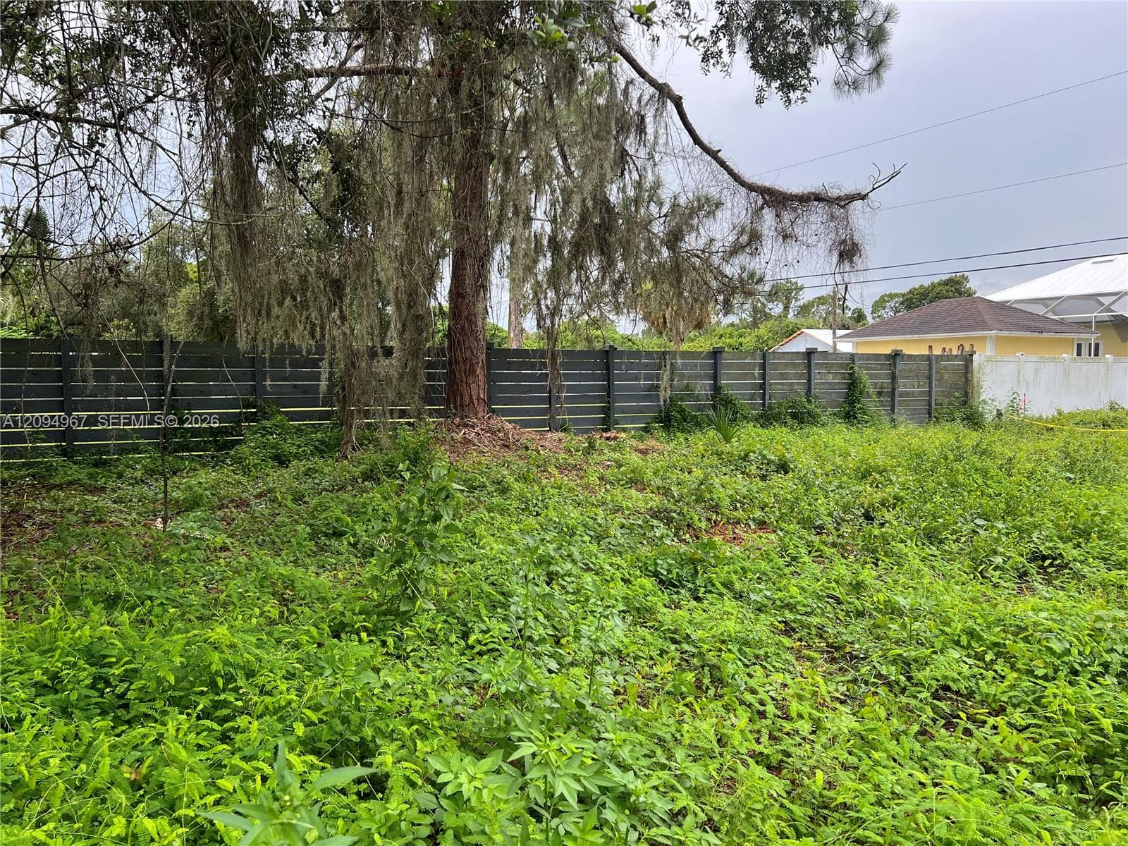 Interior view of the property showcasing the spacious homesite and mature trees.
